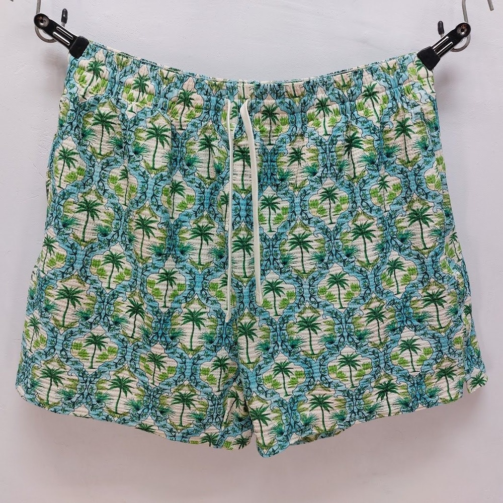 Blackbough Swim Trunks Men's L Blue Palm Tree Seersucker Shorts Tropical